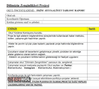 EKİM AYI OKUL ÖNCESİ KADEMESİ PROJE FAALİYET RAPORU