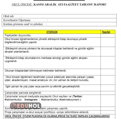 KASIM-ARALIK  AYI OKUL ÖNCESİ  KADEMESİ PROJE FAALİYET RAPORU