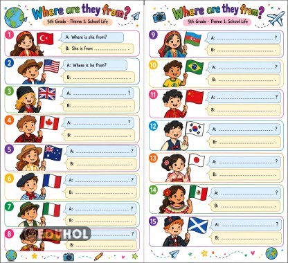 5th Grade- Theme 1: School Life -  Where are they from? Worksheet  (Countries&Flags)