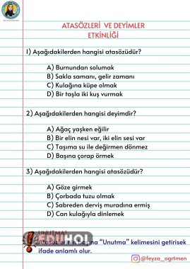 ATASÖZÜ VE DEYİMLER TESTİ (ANAHTARLI)