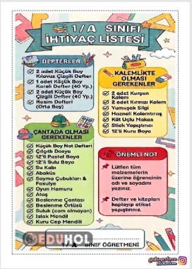 1. Sınıf İhtiyaç Listesi - Tüm Şube İsimlerine Uygun