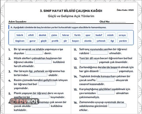 3.Sınıf Hayat Bilgisi-Güçlü ve Gelişime Açık Yönlerim Etkinlik Kağıdı