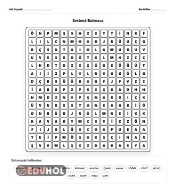 AĞAÇ İSİMLERİ KELİME BULMACA