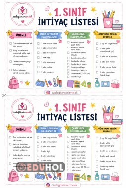 1. Sınıf İhtiyaç Listesi | Okula Başlangıç Malzeme Listesi | Yazdırılabilir