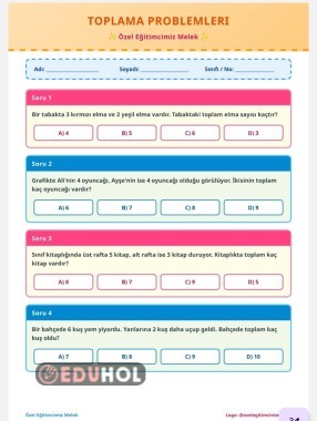 1.SINIF TOPLAMA PROBLEMİ CEVAP ANAHTARI VARDIR