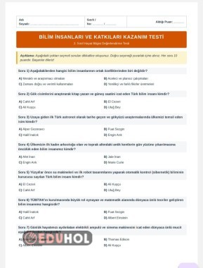 2.SINIF HAYAT BILGISI BİLİM İNSANLARI VE KATKILARI KAZANIM TESTİ
