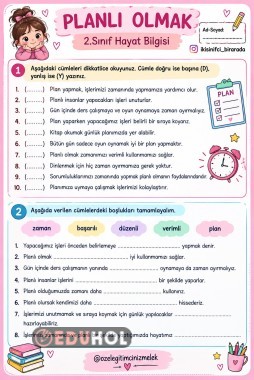 2.SINIF HAYAT BİLGİSİ PLÂNLI OLMAK ÇALIŞMA KAĞIDI