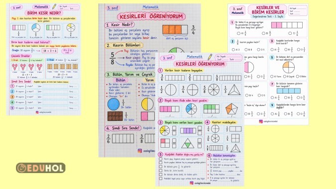 3. SINIF MATEMATİK KESİRLERİ ÖĞRENİYORUM DEFTER NOTU VE ÇALIŞMA KAĞIDI