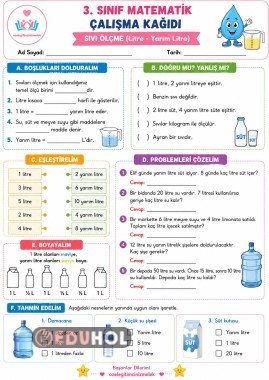 3 sınıf  Matematik  Sıvı ölçme Çalışma Kağıdı