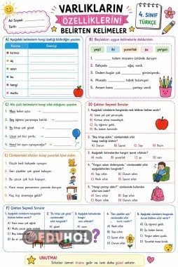 4.SINIF TÜRKÇE SIFATLAR ÇALIŞMA KAĞIDI