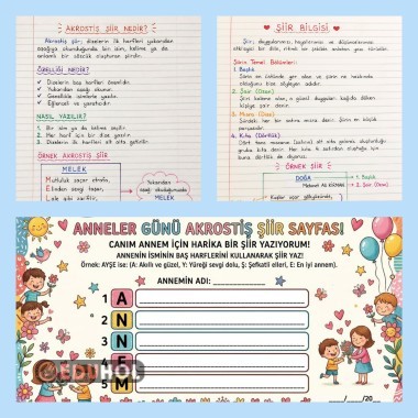 🖊️ Şiir Öğreniyorum – Akrostiş Etkinliği  defter notu anneler günü etkinliği