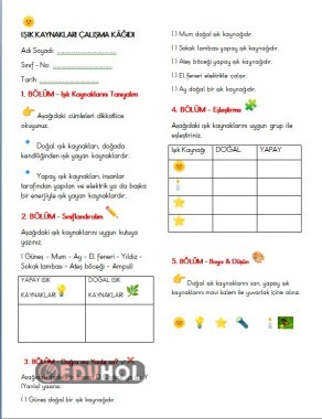 3.sınıf fen bilimleri ışık kaynakları çalışma kağıdı