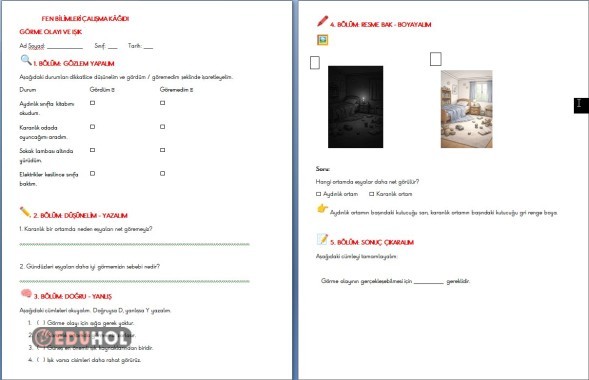 3.SINIF FEN BİLİMLERİ IŞIK VE GÖRME ÇALIŞMA KAĞIDI