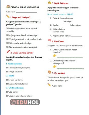 Hayat Bilgisi Ortak  Kullanım Alanları çalışma kağıdı