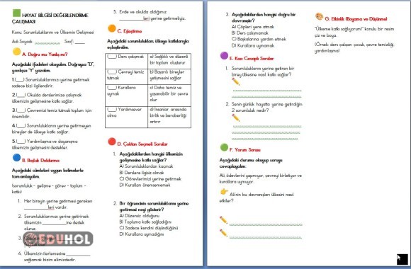 Hayat bilgisi Sorumluluklarım ve Ülkemin Gelişmesi çalışma kağıdı