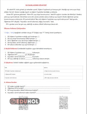 Hayat Bilgisi tasarruf konusu okuma anlama metni