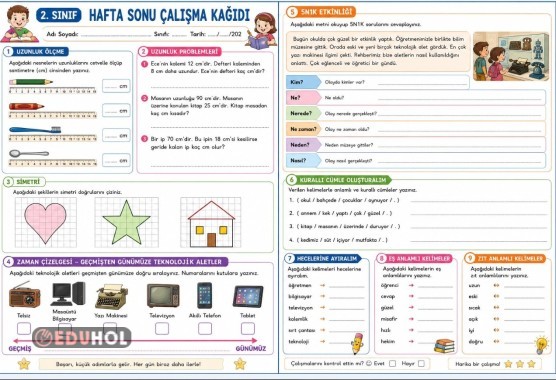 Türkçe matematik ve hayat bilgisiden oluşan 2 sayfalık hafta sonu çalışma kağıdı