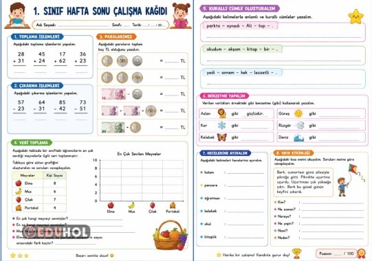Türkçe ve matematikten oluşan 2 sayfalık hafta sonu çalışma  kağıdı