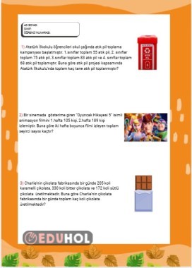 3.Sınıf Toplama İşlemi Problemleri Çalışma Kağıdı