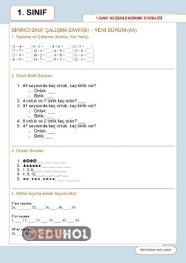 1 sınıf matematik değerlendirmesi -2