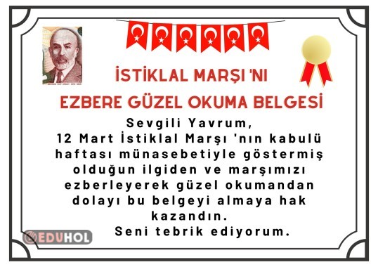 İstiklal Marşı ezbere okuma belgesi