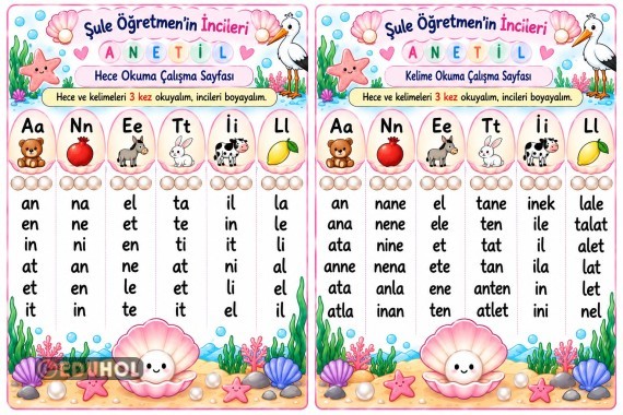 1.Sınıf İlk Okuma Yazma ANETİL Hece- Kelime Okuma Çalışma Sayfası