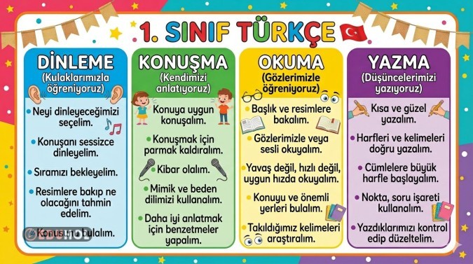1. sınıf Türkçe dersi, Dinleme, Konuşma, Okuma, Yazma neler öğreneceğiz