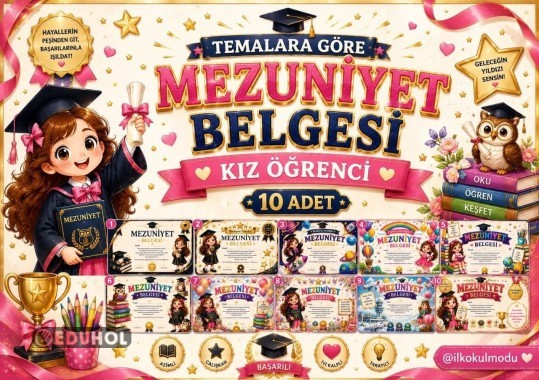 KIZ ÖĞRENCİ MEZUNİYET BELGESİ (10 FARKLI TEMA)