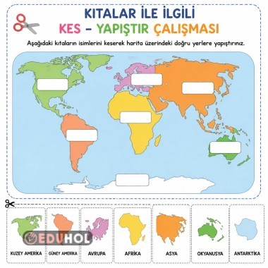 3. Sınıf Kıtalar Kes Yapıştır Çalışma Etkinliği