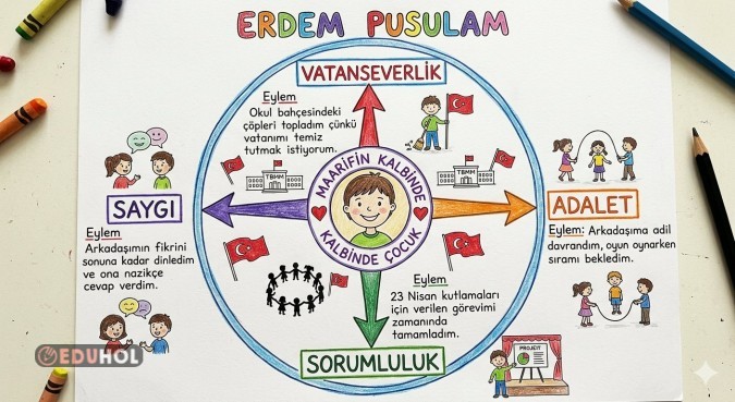 Maarifin Kalbinde Çocuk Erdem Pusulası 16 sayfadan oluşan poster