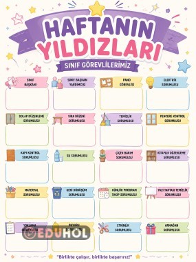 HAFTANIN YILDIZLARI PANOSU 21 SAYFA (SINIF GÖREV DAĞILIMI PANOSU)