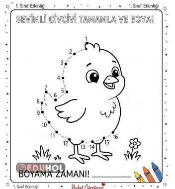 1. Sınıf 1-16 Arası Sayı Birleştirme ve Sevimli Civciv Boyama Sayfası 🐣