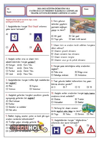 4. Sınıf Trafik Güvenliği 1. Dönem 2. Yazılı Soruları