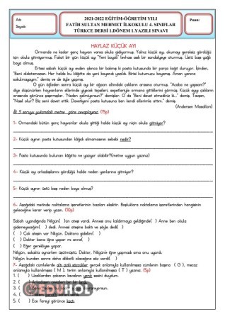 >>> 4. Sınıf Türkçe 1. Dönem 1. Yazılı Soruları