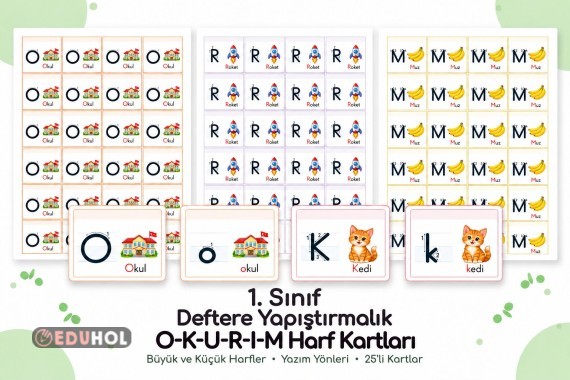 1. SINIF OKURIM GRUBU | DEFTERE YAPIŞTIRMALIK RESİMLİ HARF KARTLARI (BÜYÜK–KÜÇÜK)