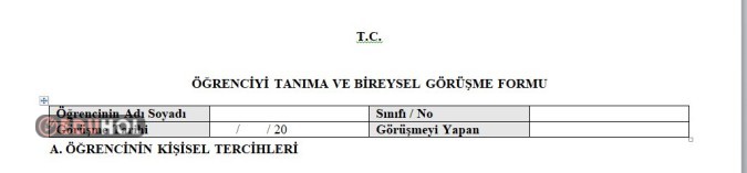 ÖĞRENCİYİ TANIMA VE BİREYSEL GÖRÜŞME FORMU