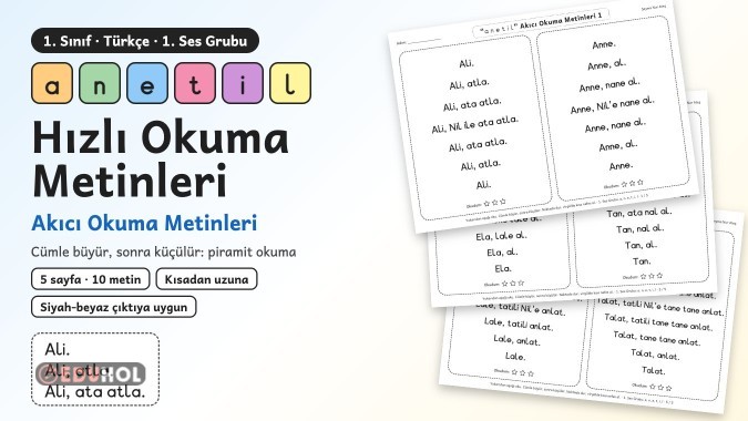 1. Sınıf Hızlı Okuma Metinleri – a n e t i l Akıcı Okuma (10 Metin, 5 Sayfa)