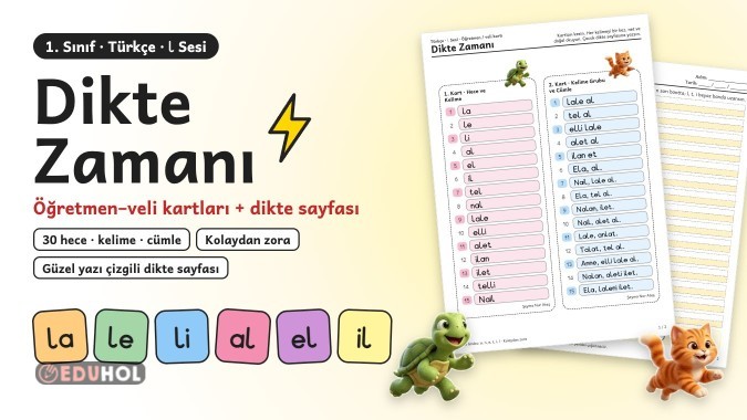 1. Sınıf L Sesi Dikte Kartları ve Dikte Sayfası (Kolaydan Zora, 30 Madde)