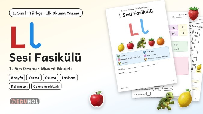 1. Sınıf L Sesi Fasikülü – Yazma, Okuma, Labirent ve Kelime Avı (8 Sayfa)