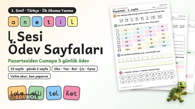 1. Sınıf L Sesi Haftalık Ödev Seti – Pazartesiden Cumaya 10 Sayfa (a n e t i l)