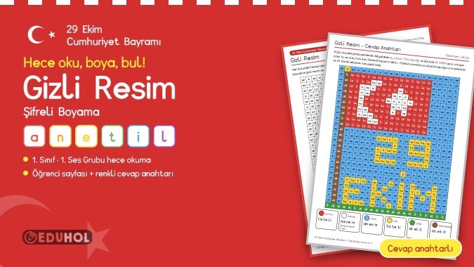 29 Ekim Şifreli Boyama-Türk Bayrağı (1. Sınıf a, n, e, t, i, l)
