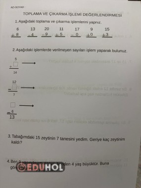 TOPLAMA VE ÇIKARMA İŞLEMİ DEĞERLENDİRME SINAVI