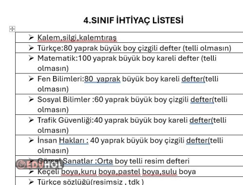 Dördüncü sınıf ihtiyaç listesi