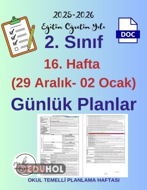 2. Sınıf 16. Hafta (29 Aralık- 02 Ocak) Günlük Ders Planları