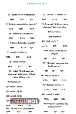 2 Sınıf Onluk, Birlik, Deste ve Düzine 19 Soruluk Test