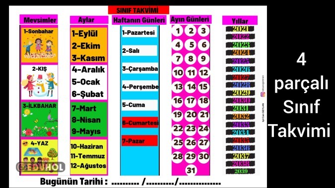 4 Parçalı Sınıf Takvimi