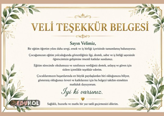 VELİ TEŞEKKÜR BELGESİ