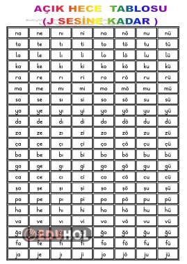 AÇIK HECE TABLOSU(J SESİNE KADAR)