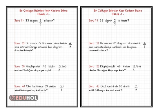 Bir Çokluğun Belirtilen Kesir Kadarını Bulma1(Defter Çalışması)