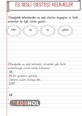 EŞ SESLİ(SESTEŞ)KELİMELER ETKİNLİĞİ 1